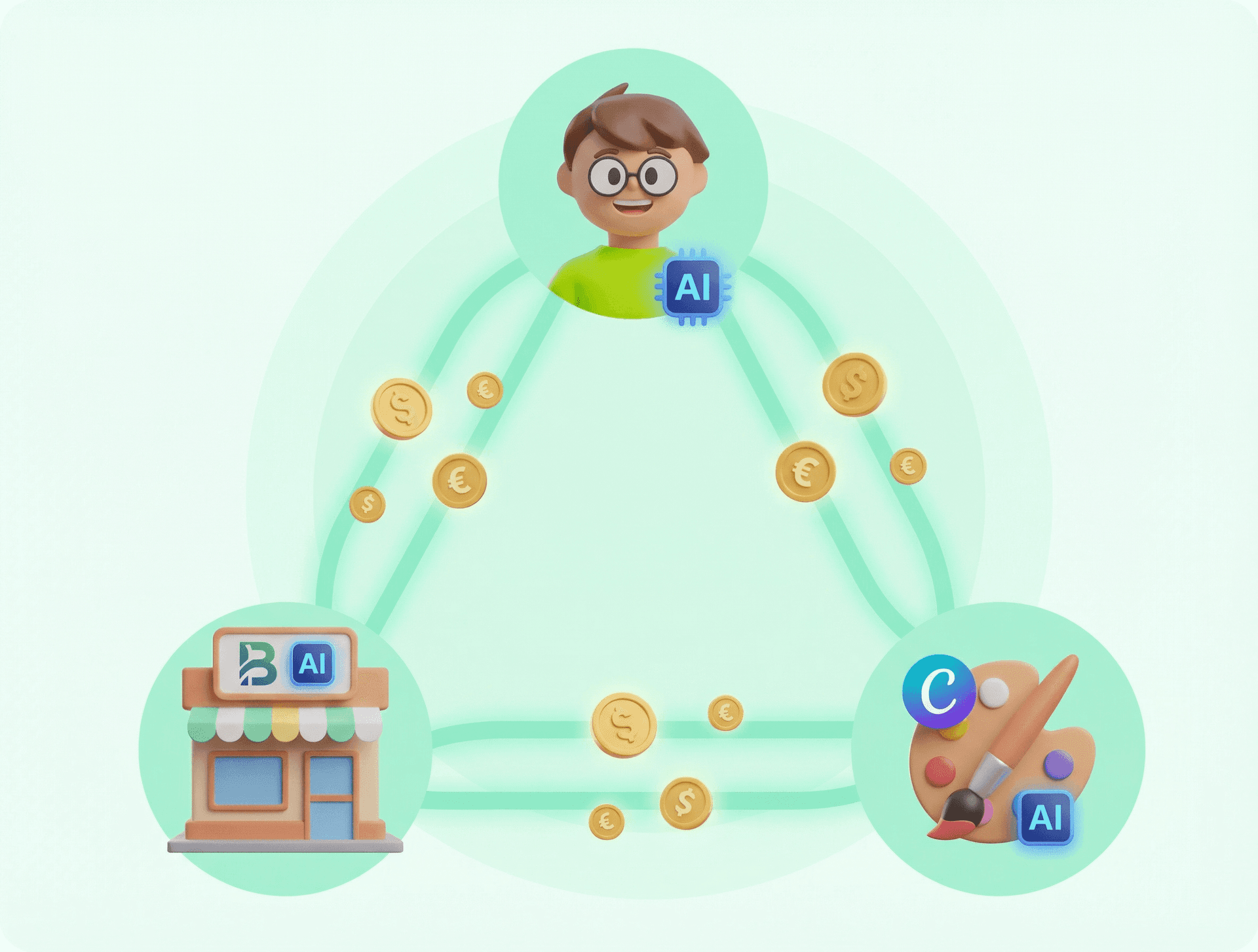 The agentic economy ecosystem with Personal AIs, Business AIs, and Creator AIs