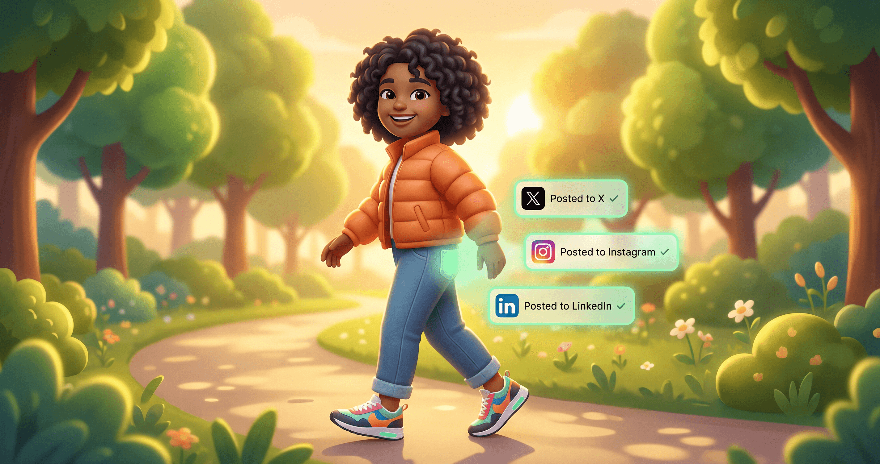 Person walking through a sunny park while notification cards confirm posts published to X, Instagram, and LinkedIn.