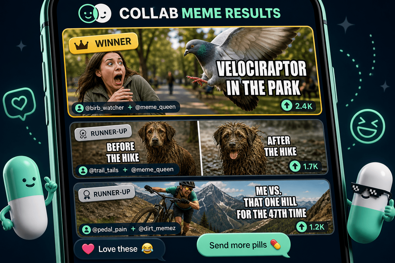 Illustrated phone showing Collab Meme Results: a WINNER meme about a pigeon on a hiking trail, two RUNNER-UP memes about a muddy dog and an exhausted mountain biker, with Love these and Send more quick-reply buttons