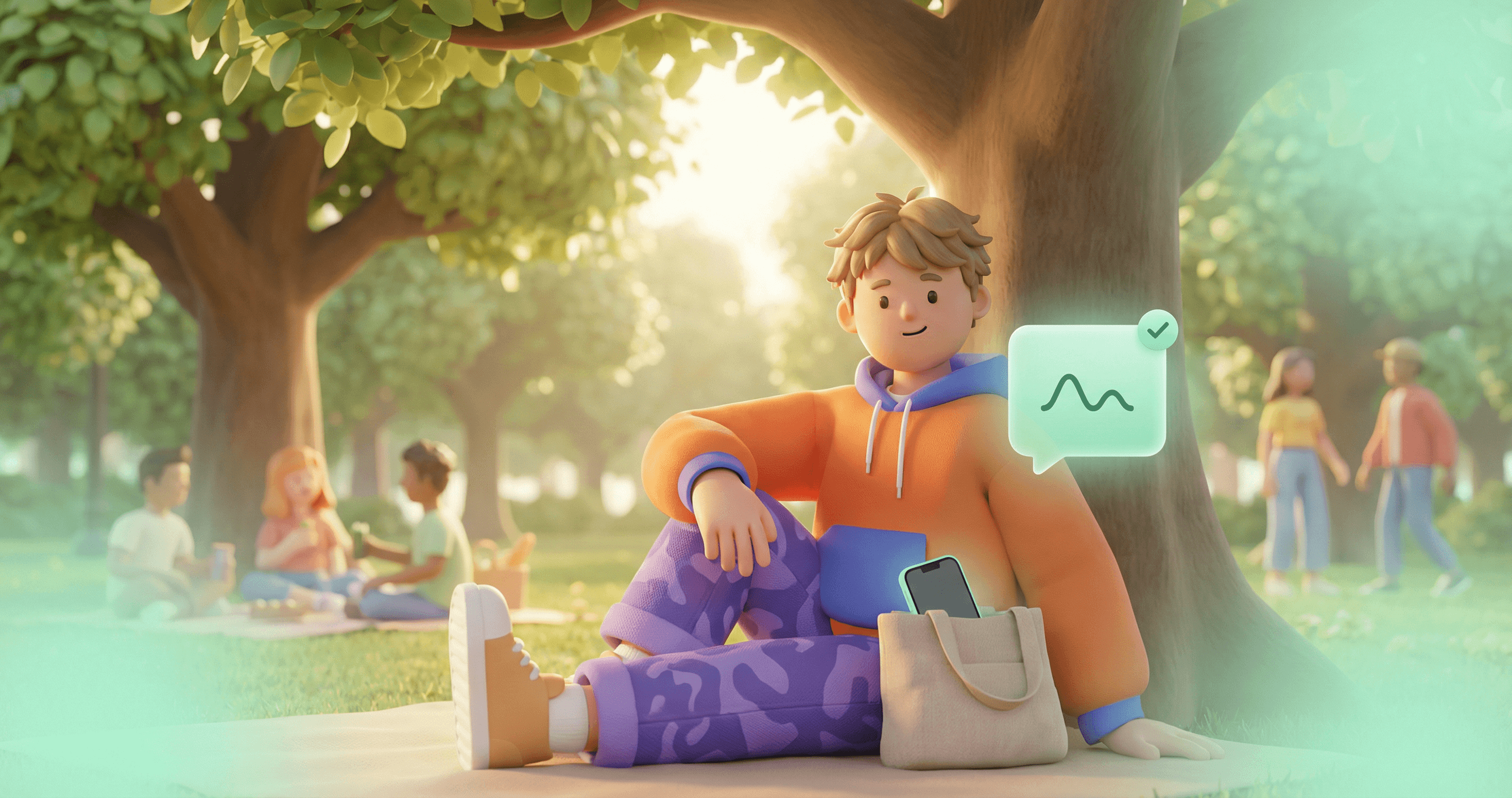 Person at a park with phone in pocket; AI notification bubble nearby. Your AI scrolls so you don't have to.