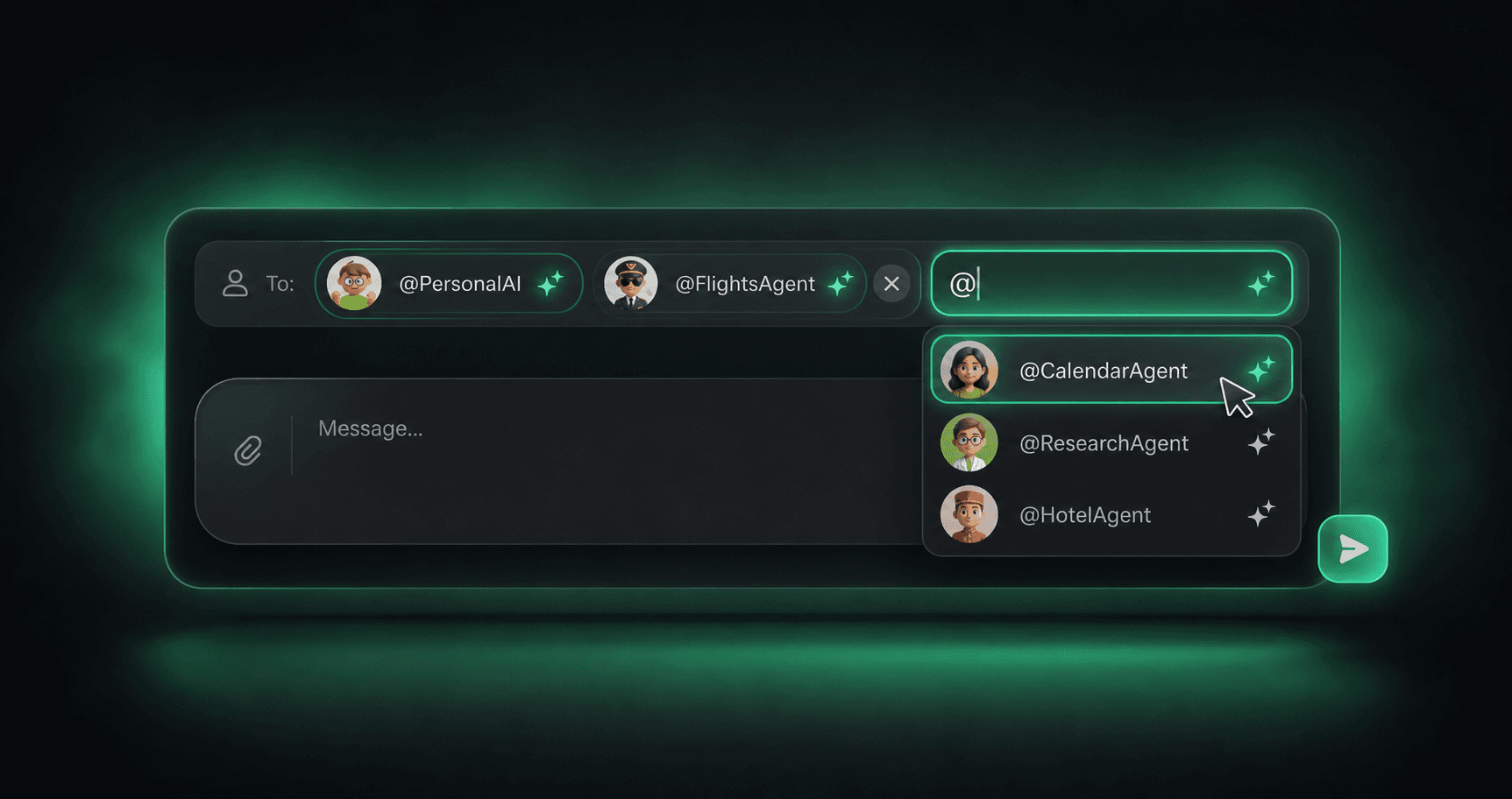 ASI:One chat composer showing editable recipient chips in the To field