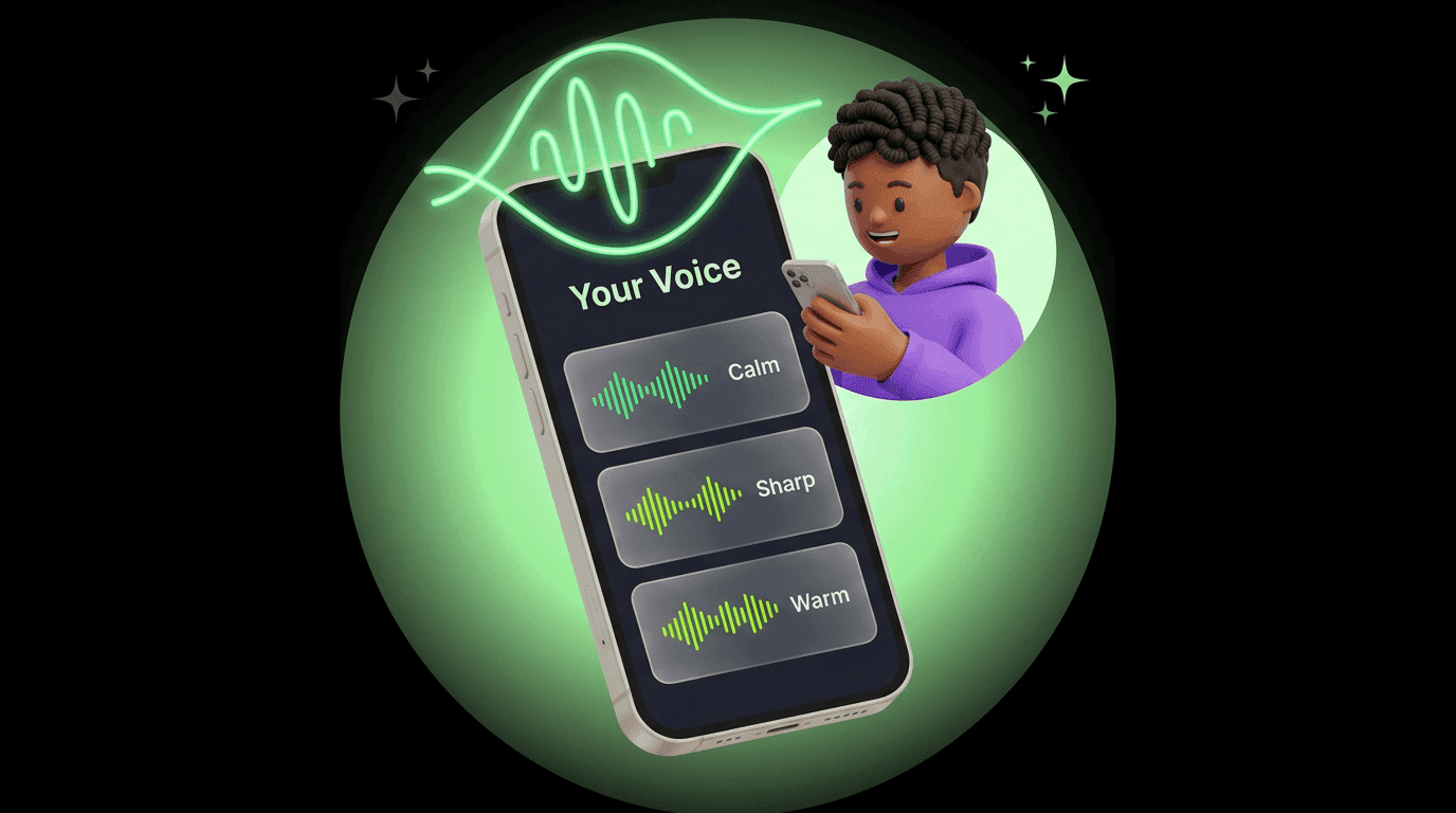 Character browsing a voice catalog on their phone with sound wave options