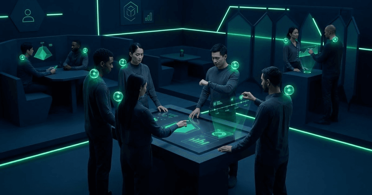 A community circle where every person stands beside their own glowing AI partner, the whole network connected by soft lines. ASI:One.