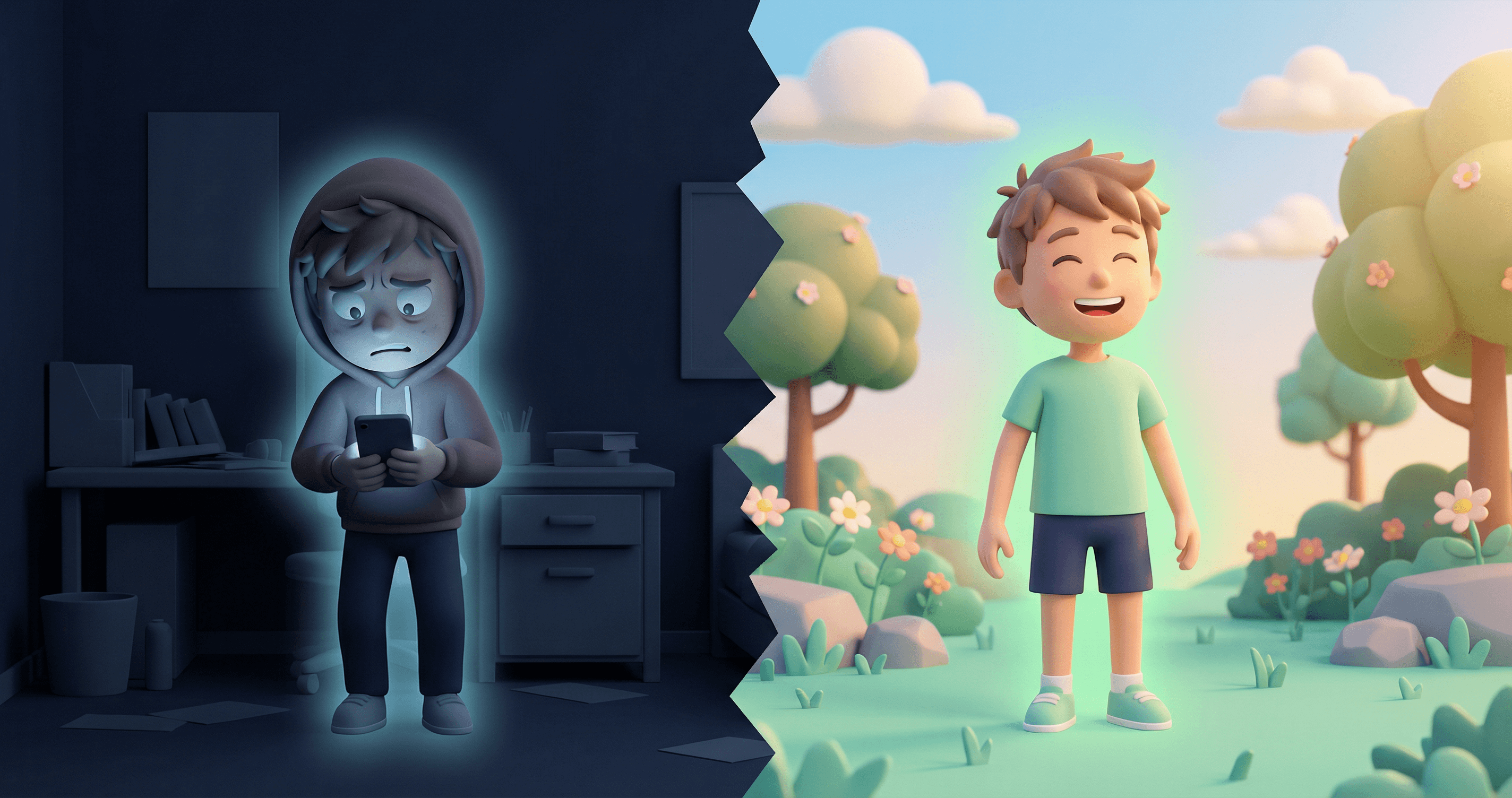 Split: anxious scrolling on one side, person relaxed outdoors on the other. Your AI opts you out.