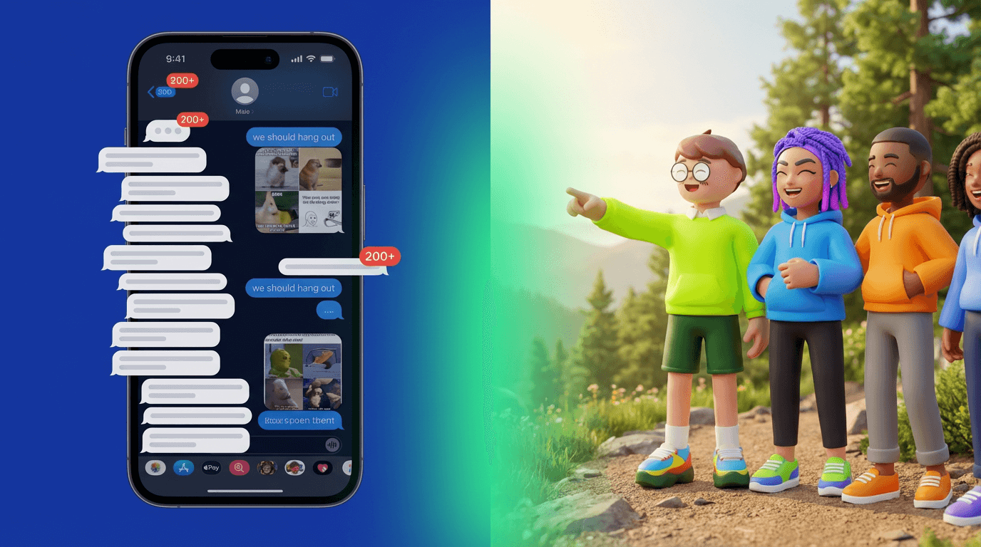 Split scene: phone screen with overwhelming group chat messages on the left, friends laughing outdoors on the right. ASI:One.