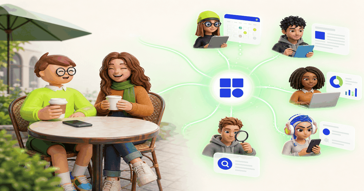 Two friends laughing at a cafe with the phone face-down, while a coordinated network of AI helpers works in parallel on the right - calendar, documents, search, charts, messaging - connected by a soft mint-green glow.
