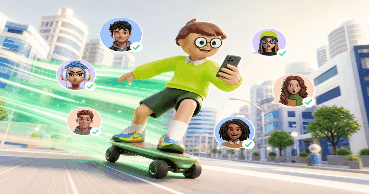 A 3D character zipping through a sunny city on a green skateboard with green motion trails and floating completed-task notifications - asi1-mini moving fast through high-volume work.