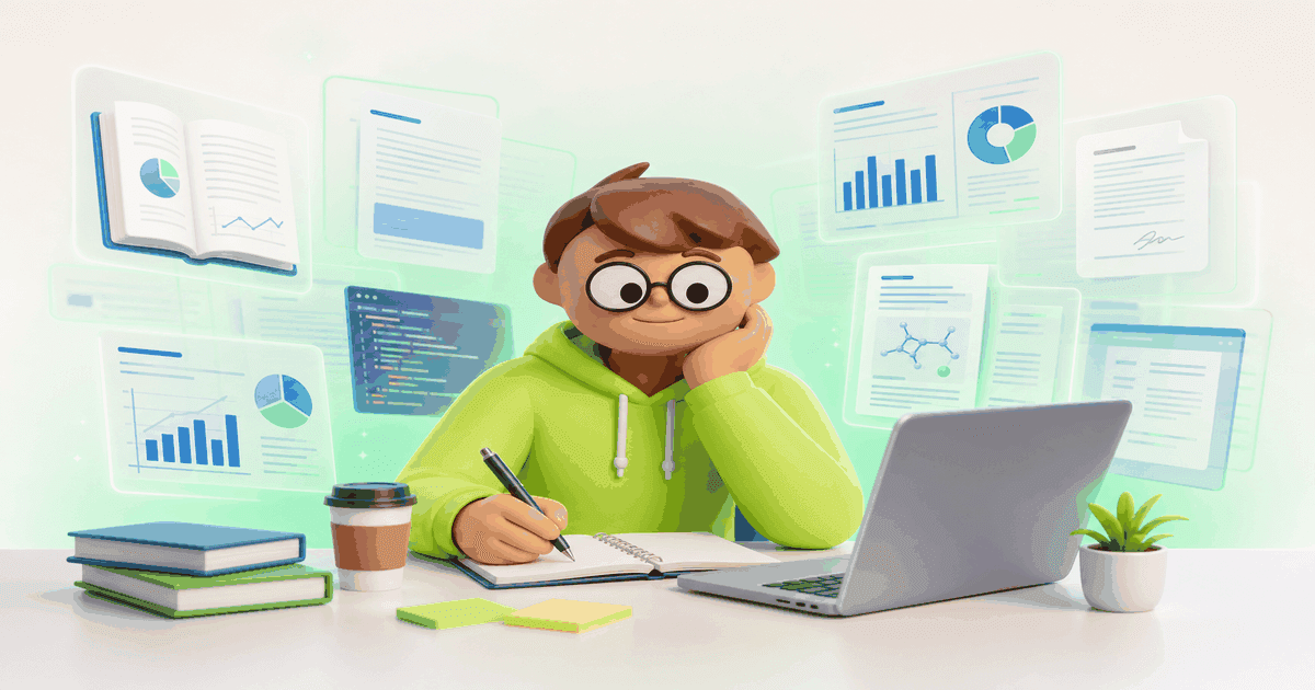 A focused 3D character at a desk surrounded by floating holographic panels of charts, code, and research documents - asi1-ultra's deep reasoning across hundreds of sources at once.