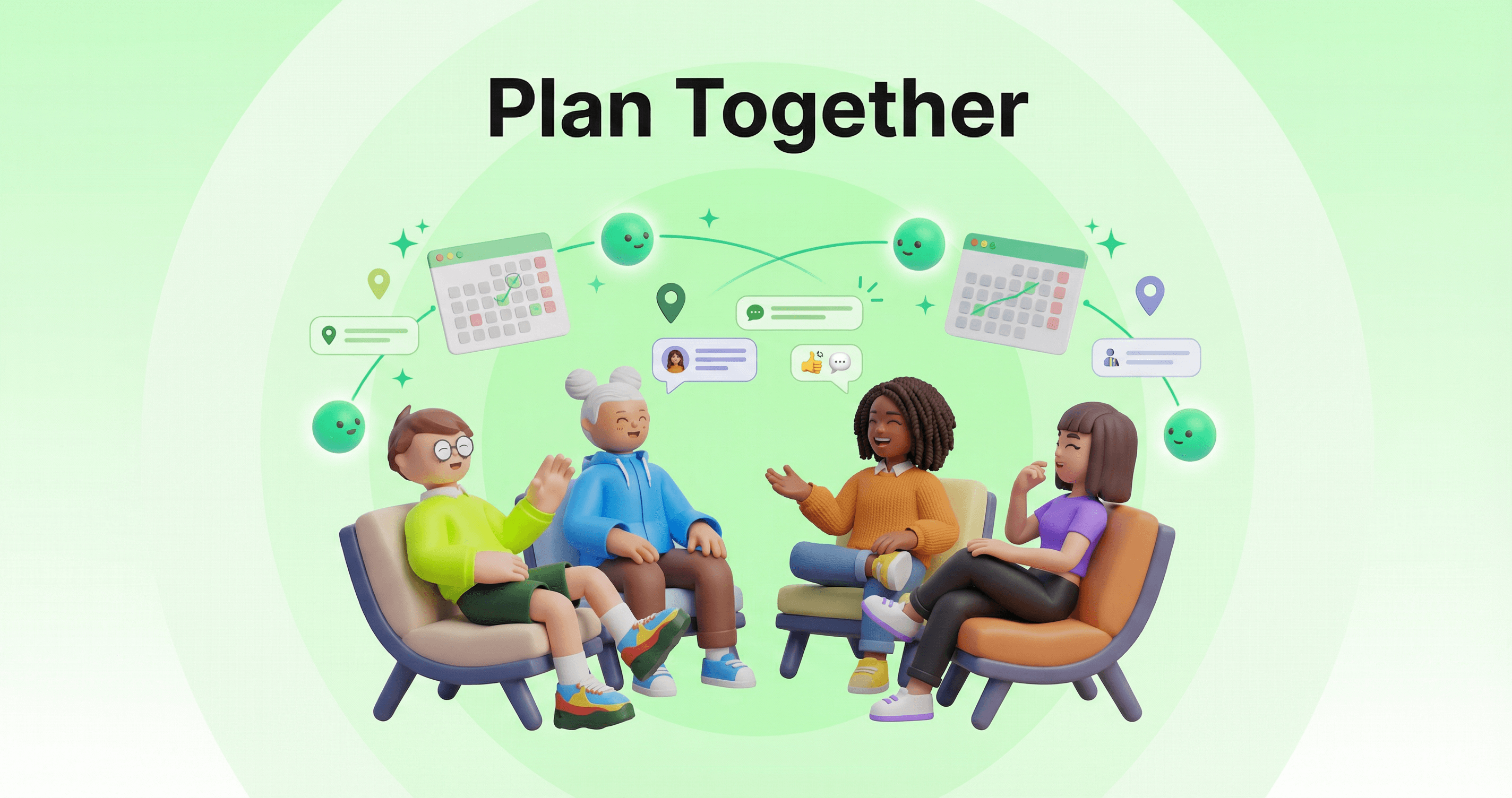 Plan Together - Friends relaxing while their AIs coordinate plans