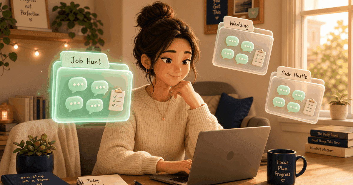 A calm young person at a cozy desk with three floating project folders labeled Job Hunt, Wedding, and Side Hustle - each holding clusters of chat bubbles and a small checklist - bathed in warm afternoon light with soft mint-green highlights