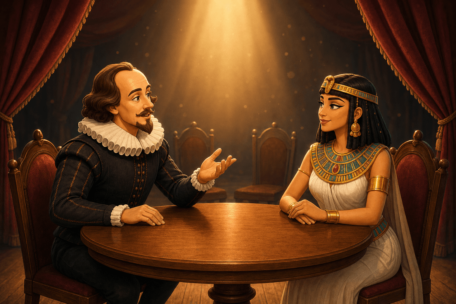 William Shakespeare and Cleopatra seated across a small round wooden table on a theatrical stage, mid-conversation under a warm spotlight with crimson velvet curtains drawn back
