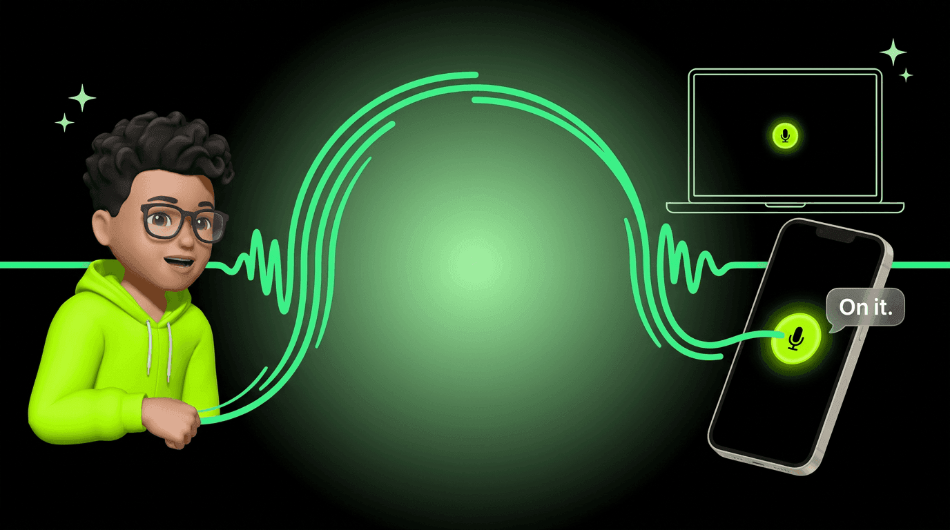 Character speaking to their AI with sound waves connecting to a phone and laptop