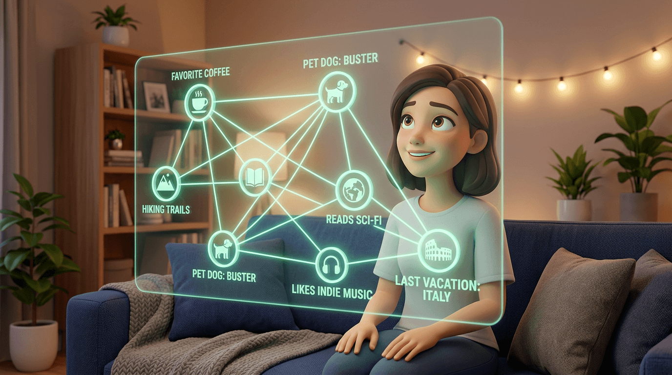 Person viewing a holographic knowledge graph showing their preferences, interests, and relationships connected by mint green lines.