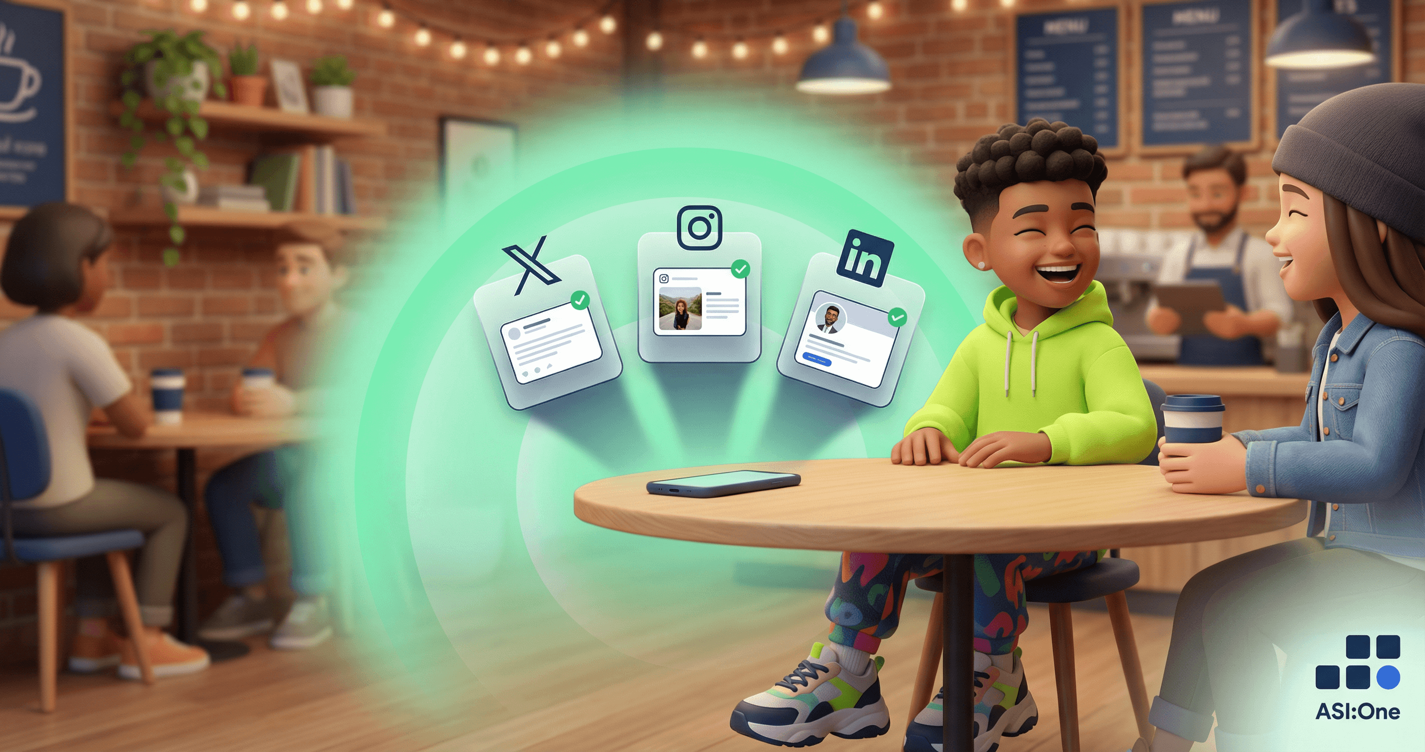 Person laughing with a friend at a coffee shop while their AI publishes posts to X, Instagram, and LinkedIn in the background.