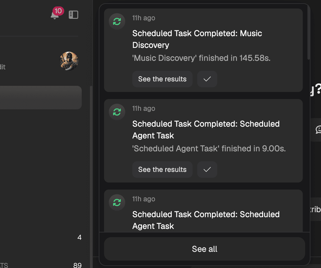 ASI:One push notifications showing completed scheduled tasks and agent updates