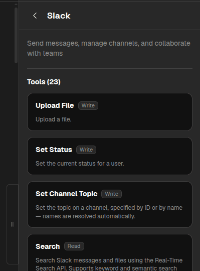 Slack tools list in Connected Services showing Upload File, Set Status, and Search with Write and Read pills