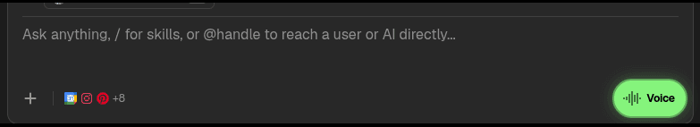 Chat input showing Connected Services icons and a +8 count beside the Voice button