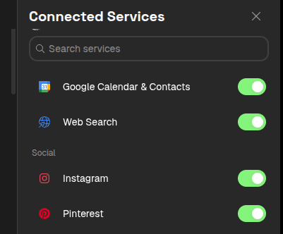 Connected Services drawer with search and toggles for calendar, Web Search, and social apps