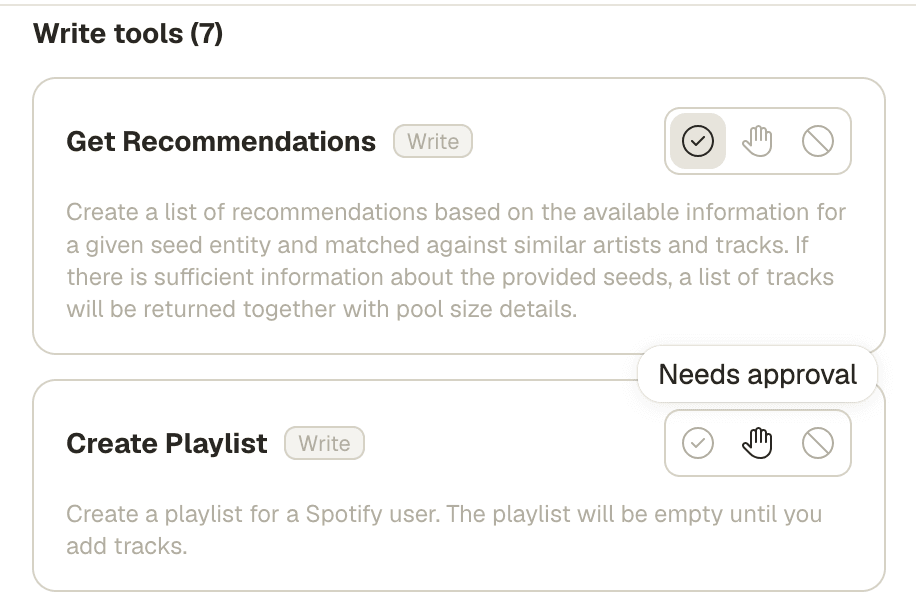 Write tools in the Connected Services drawer, each with a three-position control; one tool is set to always allow and another shows the Needs approval state