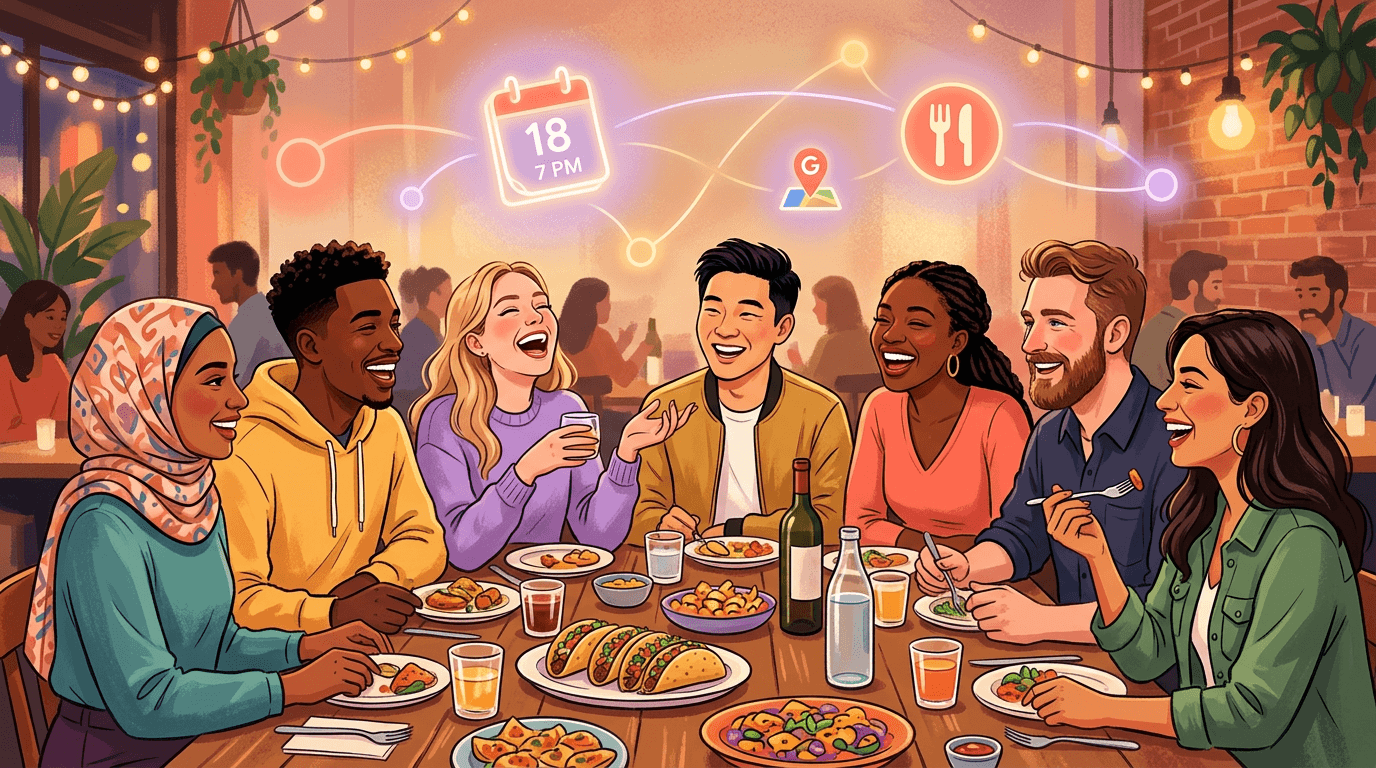 Diverse group of friends laughing at a dinner table while subtle AI coordination icons float above