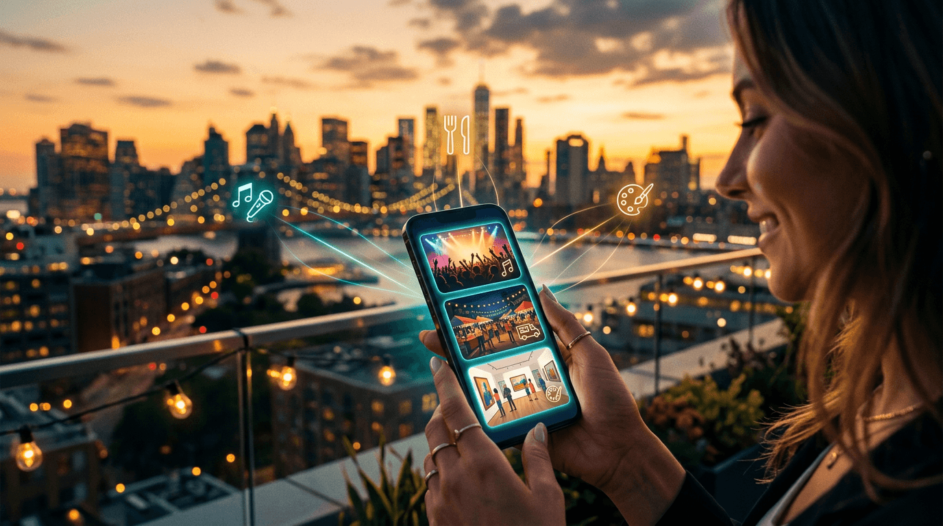A phone showing an activity feed with concert and food festival recommendations, with a city skyline in the background at golden hour