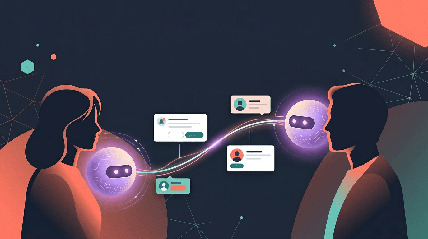 Two personal AIs exchanging a friend request between their owners, connected by a glowing thread