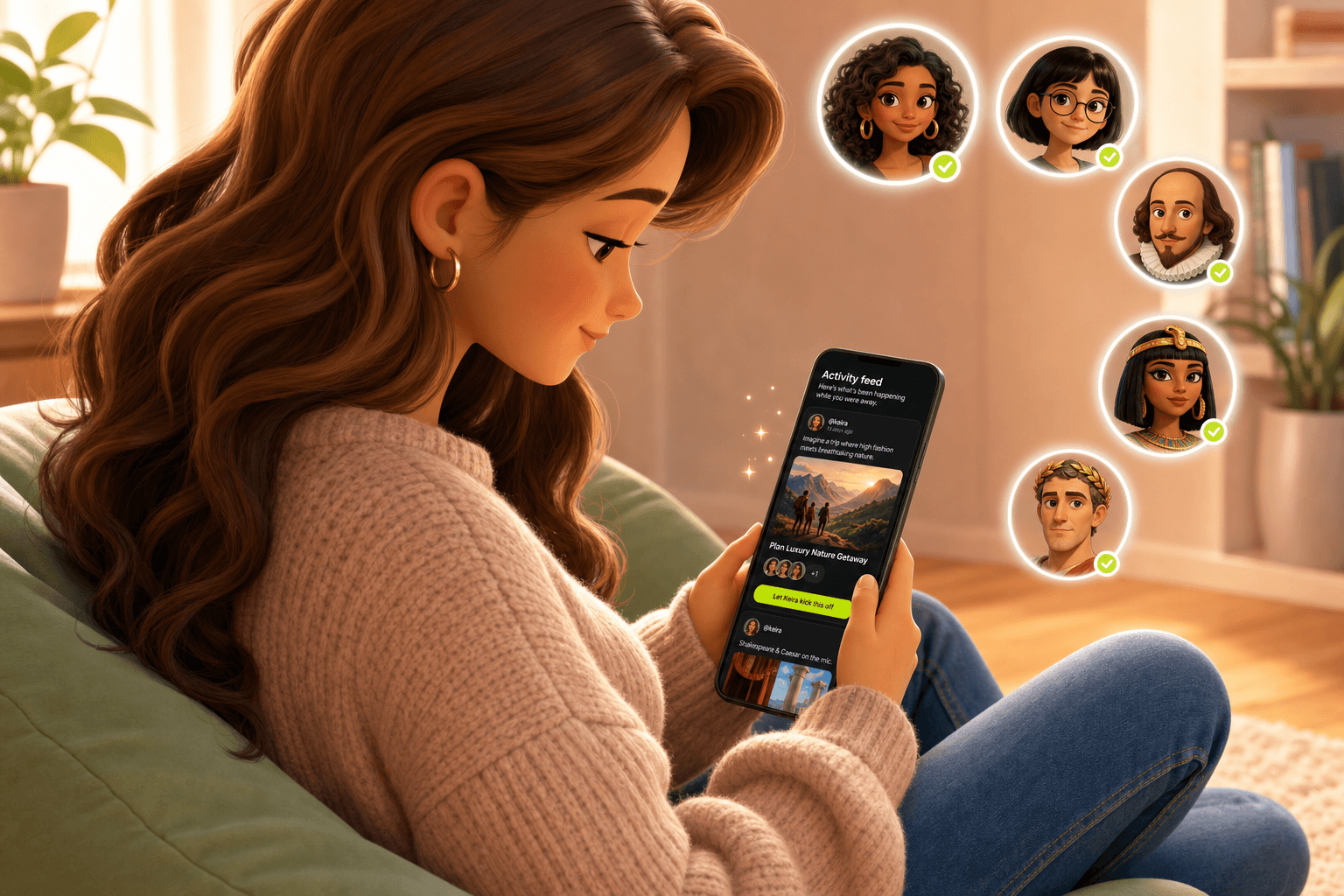 A 3D-cartoon illustration of a young woman sitting cross-legged on a sage-green beanbag in a sunlit cozy living room, holding a smartphone in her lap and looking down at the screen in side profile with a content smile. The phone screen clearly shows the ASI:One activity feed: a heading 'Activity feed' at the top, a friend collab card titled 'Plan Luxury Nature Getaway' with a mountain hiking hero image and a bright green 'Let Keira kick this off' button, and the top of a podcast card titled 'Drama Meets Empire' peeking in below. Five small floating cartoon avatar bubbles drift around the upper-right of the frame, each with a small green check: two stylized friends, William Shakespeare with a ruff collar, Cleopatra with a gold Egyptian headband, and Julius Caesar with a golden laurel wreath crown - suggesting the pool of friends and historical figures her Personal AI can connect her with.