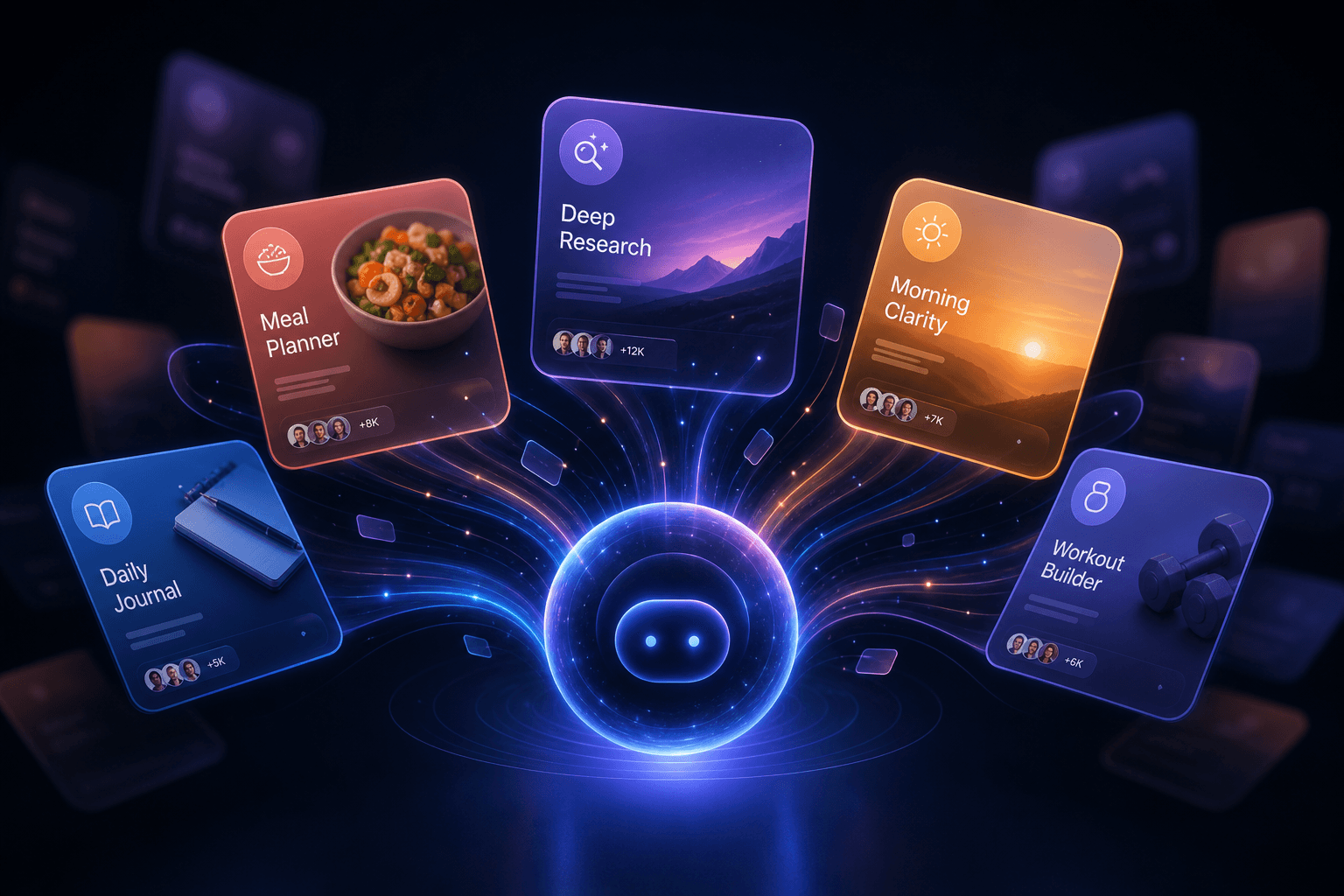 The ASI:One Skills Library showing community-contributed skill cards like Deep Research, Meal Planner, and Daily Journal flowing into a user's personal AI