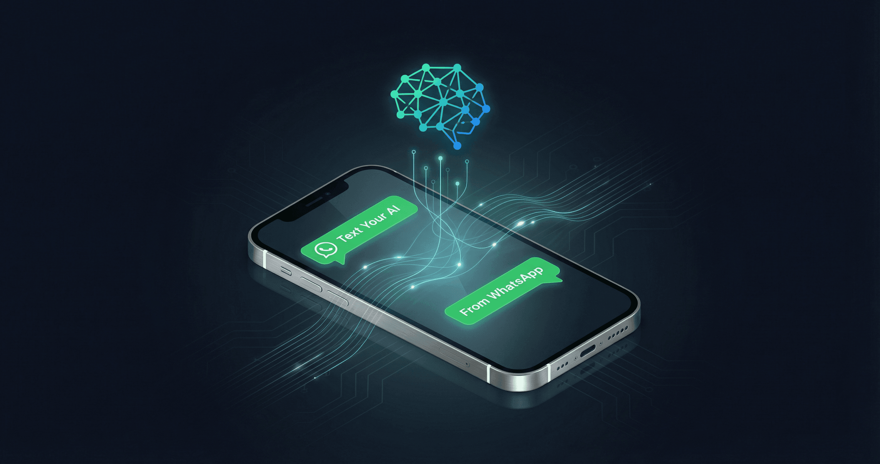 A 3D character holding a phone showing a WhatsApp conversation with their Personal AI