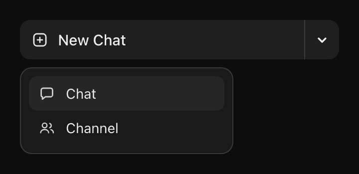 New Chat button with a caret opening a menu with two options, Chat and Channel
