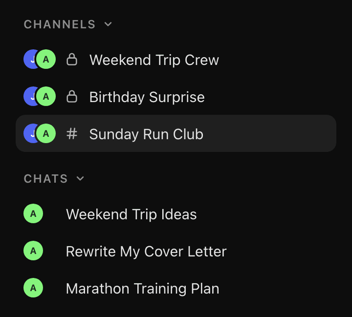 Sidebar with a Channels section showing lock and hash glyphs above a Chats section of solo conversations