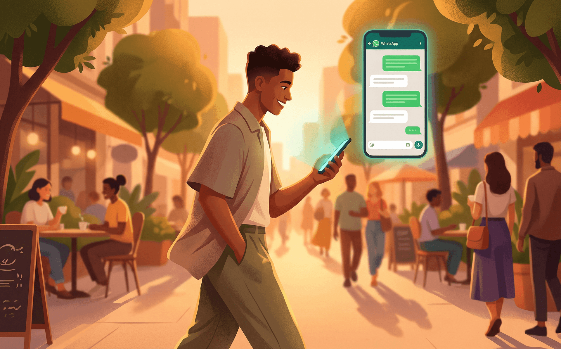 Person texting their AI on WhatsApp while walking through the city