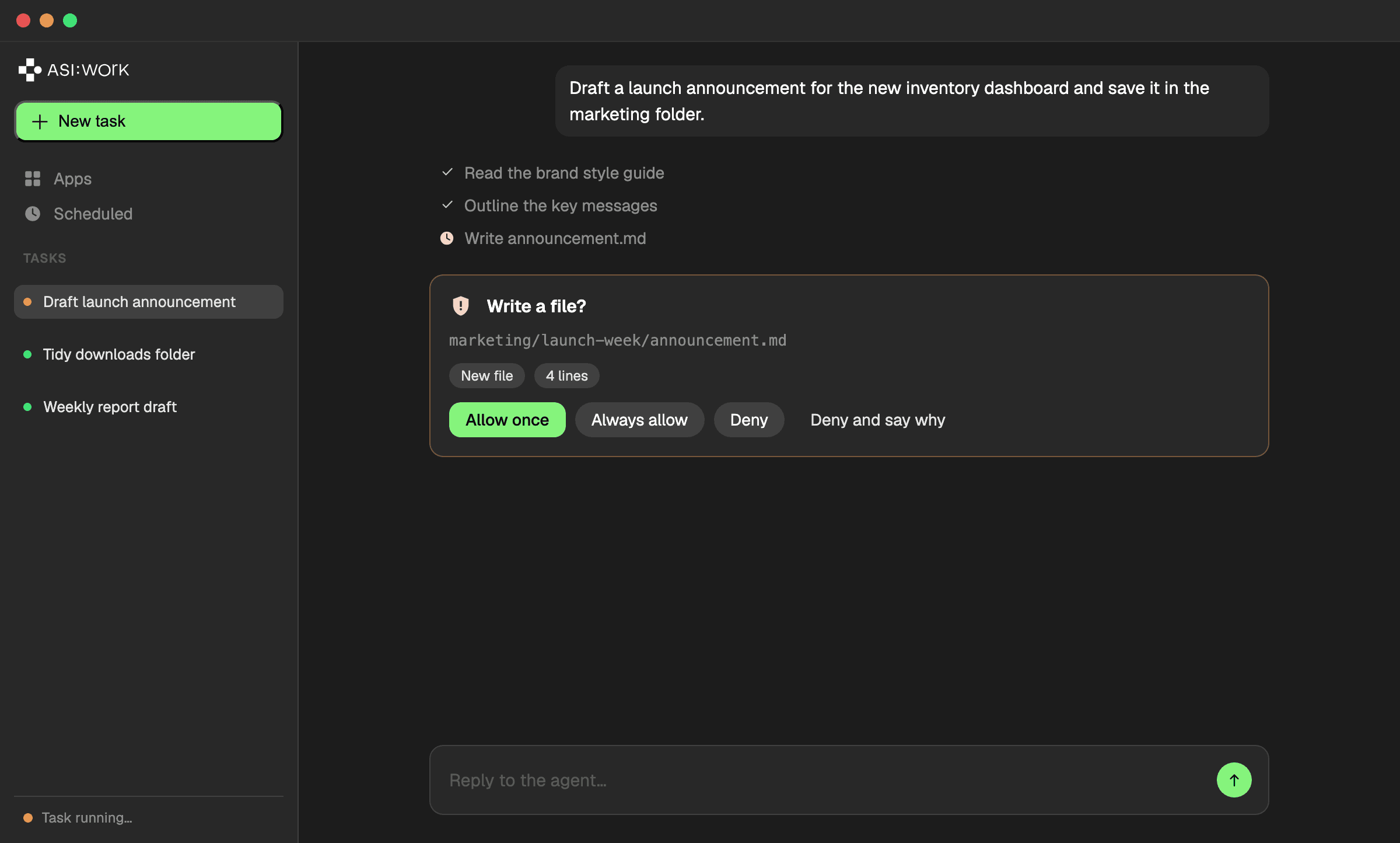 The ASI:One Work desktop app: a task in progress in the Work tab, with the agent pausing on an approval card before it edits a file.